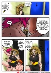 big_breasts blonde_hair janice_(comicomryu) orange_hair original_characters red_hair reddokun spanish_text translation_request yuri