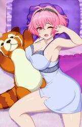 1girls cleavage clothed conversation crush_crush elle_(crush_crush) female female_focus female_only game_cg pillow pink_eyes pink_hair red_panda sad_panda_studios sfw