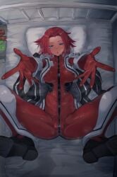 blue_eyes blush bodysuit boots code_geass condom condom_wrapper kallen_stadtfeld looking_at_viewer lying medium_breasts medium_hair on_back on_bed open_mouth outstretched_arms outstretched_hand pilot_suit red_hair shirabe_shiki spread_legs thick_thighs thighs uncensored welcoming