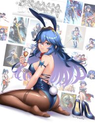 1girls alternate_costume animal_ears armlet artist_name ass back big_ass birthmark blue_eyes blue_hair blue_leotard blush breasts brown_legwear bug bunny_ears bunny_girl bunnysuit burnt_green_tea butterfly cellphone detached_collar fake_animal_ears female female_only fire_emblem fire_emblem_awakening high_heels highleg highleg_leotard highres holding holding_phone leotard looking_at_viewer looking_back lucina_(fire_emblem) medium_breasts nintendo pantyhose phone playboy_bunny rabbit_tail shoes shoes_removed sideboob signature smartphone smile soles solo strapless strapless_leotard tail thighs tiara wrist_cuffs