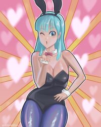 alteredexo big_breasts blowing_kiss bulma_(bunny) bulma_briefs bunny_ears bunny_girl bunnysuit dragon_ball dragon_ball_super dragon_ball_z kissing latex leather leggings teenager thighs wink