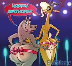 2016 antelope ass big_butt blonde_hair blu3danny bow breasts brown_eyes crossover disney dreamworks freckles gazelle gazelle_(zootopia) gloria_the_hippopotamus hair hippopotamus hoops horn huge_butt madagascar_(series) mammal overweight under_boob wide_hips zootopia