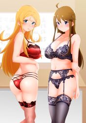 2girls absurdres ass black_bra black_legwear black_panties blonde_hair blue_eyes blurry blush bra breasts brown_hair cleavage covered_nipples cowboy_shot depth_of_field female fishnet_legwear fishnets garter_belt garter_straps highres idolmaster idolmaster_million_live! inverted_nipples jikantai lace-trimmed_legwear lace_trim large_breasts lingerie long_hair multiple_girls navel panties red_bra red_legwear red_panties see-through shinomiya_karen skindentation thighhighs tokoro_megumi underwear underwear_only yellow_eyes