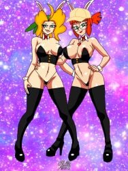 2girls big_breasts black_panties blonde_hair blue_eyes bunny_girl eri_kasamoto female female_only fio_germi glasses green_eyes high_heels kerchief metal_slug multiple_girls red_hair seductive small_breasts snk stockings video_game_character video_games