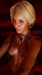 astromons casual cyberpunk_2077 dark-skinned_female dark_skin exhibitionism female handwear harness human naked neckwear nude nude_female pale_skin t-bug_(cyberpunk_2077)