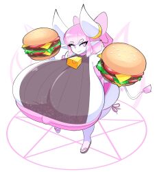 1girls 2022 big_breasts breasts burger cleavage cowbell eyebrows_visible_through_hair female female_focus food gigantic_breasts horns huge_breasts large_breasts matching_hair/eyes mumu_(shinarusayuno) pink_eyes pink_hair pointy_ears solo solo_female solo_focus tail theycallhimcake top_heavy