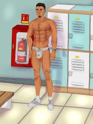 abs blush body_hair brown_hair bulge bulge_through_clothing gay green_eyes jockstrap looking_away male_focus male_only muscular muscular_male nipple_piercing outline pe_teacher pecs shirtless smile sweatpants thotshiguro tracksuit underwear white_shoes