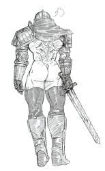 armor big_ass body_hair bubble_butt dark_souls fromsoftware full_body functionally_nude gloves hamfoot1 helmet knight male male_only monochrome muscular muscular_male muscular_thighs oscar_of_astora rear_view scars solo standing thick_thighs thighhighs