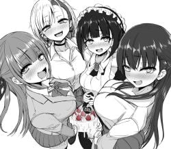 4futas akiamare bangs big_breasts big_penis birthday_cake blazer blush bow bowtie breasts cake choker clothed clothing collared_shirt erection eyebrows_visible_through_hair food food_penetration food_sex fruit futa_only futanari hair_between_eyes heart heart-shaped_pupils high-angle_view human jacket large_breasts long_hair long_sleeves looking_at_viewer maid_headdress monochrome mostly_clothed multiple_girls nose_blush open_mouth original penis penis_piercing_cake pleated_skirt school_uniform shirt short_hair simple_background skirt standing strawberry symbol-shaped_pupils white_background