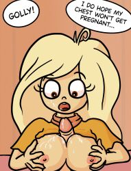 artist_request blonde_hair boobjob breasts coco_schoppenboer cum cum_in_mouth cum_on_breasts cum_on_face cumshot dutch female large_breasts nipples ongezellig paizuri partial_male penis scarf titfuck titjob