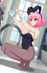 1girls breasts bunnysuit conversation crush_crush elle_(crush_crush) female game_cg nipples panties pink_eyes pink_hair sad_panda_studios