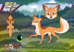 animal_genitalia canid canine eye_scar facial_scar feral forest fox fully_sheathed fur gender_symbol genitals grass green_eyes male male_symbol mammal model_sheet plant red_body red_fur rick_(rukifox) rukifox scar sheath solo symbol tree white_tail_tip