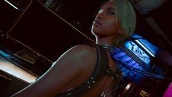 3d astromons bottomless casual cyberpunk_2077 dark-skinned_female dark_skin exhibitionism female handwear harness holster human mostly_nude naked neckwear nude nude_female t-bug_(cyberpunk_2077) tactical_nudity