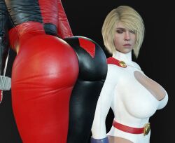 2girls 3d 3d_(artwork) ass ass_envy ass_focus batman_(series) big_ass big_breasts cleavage cleavage_cutout dc dc_comics female female_only fully_clothed harley_quinn harley_quinn_(classic) harley_quinn_(injustice) injustice_2 jealous kara_zor-l kryptonian looking_at_ass power_girl power_girl_(injustice) smitty34 staring_at_ass superman_(series) tight_clothing