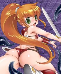 armor ass bikini bikini_armor boots breasts butt_crack caron_(rall) commentary_request cream_lemon female female from_behind green_eyes highres imminent_rape knee_boots long_hair looking_back monster nurugamer-kouyouju open_mouth orange_hair ponytail screaming sf_choujigen_densetsu_rall side-tie_bikini small_breasts swimsuit sword tentacle thighs vambraces weapon