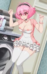 1girls accurate_art_style breasts conversation crush_crush elle_(crush_crush) female female_only game_cg maid nipples pink_eyes pink_hair pussy sad_panda_studios thighhighs washing_machine