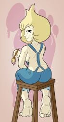 back_view barefoot blonde_hair brush cartoon_network denim feet foot_fetish foot_focus looking_at_viewer looking_back mature_female milf nasiri_(artist) paintbrush painting partial_nudity partially_clothed soles steven_universe vidalia_(steven_universe)