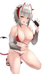 :p absurdres ahoge arknights bangs bare_shoulders bikini bikini_pull blush breasts cleavage clothes_pull collarbone commentary demon_girl demon_horns demon_tail eyebrows_visible_through_hair female female flip-flops full_body highres holding horns kneeling large_breasts long_sleeves looking_at_viewer nail_polish nankaichimu off_shoulder red_bikini red_eyes red_nails sandals see-through short_hair silver_hair simple_background solo swimsuit tail toenail_polish toenails tongue tongue_out w_(arknights) white_background