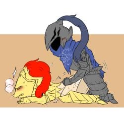 2boys anal anal_sex armor artorias_the_abysswalker blush bodily_fluids bottomless breath chibi clothed_sex dark_souls dragon_slayer_ornstein from_behind fromsoftware gay helmet implied_anal knight male male_only sweat yaoi