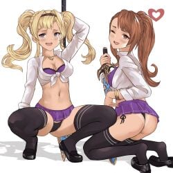 2girls ass asymmetrical_bangs bangle bangs beatrix_(granblue_fantasy) bikini_tan black_footwear black_hairband black_legwear black_panties blonde_hair blue_eyes bra_cups_sticking_out bracelet braid breasts brown_hair cleavage commission cropped_shirt crown_braid female front-tie_top full_body g-string granblue_fantasy grey_eyes gyaru hairband heart heart-shaped_pupils highres holding holding_polearm holding_sword holding_weapon iiros jewelry kneeling licking_lips loafers long_hair long_sleeves looking_at_viewer microskirt multiple_girls naughty_face navel one_eye_closed open_mouth panties pantyshot petite pole_dancing polearm popped_collar purple_skirt school_uniform shirt shoes side-tie_panties skimpy_clothes skirt slutty_outfit small_breasts spear squatting sword symbol-shaped_pupils tan tanlines thighhighs thong tongue tongue_out twintails underwear watermark weapon white_background white_shirt zeta_(granblue_fantasy)