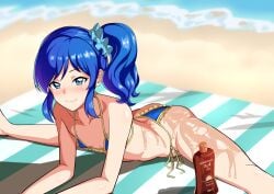 aikatsu! aikatsu!_(series) arm_support ass bangs bare_arms bare_shoulders beach beach_towel bikini blue_bikini blue_eyes blue_hair blush breasts closed_mouth collarbone eyelashes feet_out_of_frame female frilled_bikini frills idol kiriya_aoi leaning_forward legs looking_at_viewer lotion medium_hair micro_bikini oiled petite riking scrunchie shiny shiny_hair side-tie_bikini side_ponytail sidelocks small_breasts smile solo spread_legs sunscreen swimsuit towel