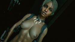 astromons casual cyberpunk_2077 dark-skinned_female dark_skin exhibitionism female handwear harness human naked neckwear nude nude_female t-bug_(cyberpunk_2077)