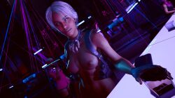 astromons bottomless casual cyberpunk_2077 dark-skinned_female dark_skin exhibitionism female handwear harness holster human mostly_nude naked neckwear nude nude_female public t-bug_(cyberpunk_2077) tactical_nudity