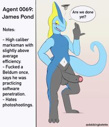 2022 absurd_res alternate_version_at_source anthro balls biped black_body blue_body blush dabelette dialogue english_text erection fan_character foreskin front_view genitals glans hi_res humanoid_genitalia humanoid_penis inteleon james_pond_(dabelette) looking_at_viewer male multitoned_body navel nintendo nude open_mouth penis pokémon_(species) pokemon pokemon_(species) simple_background solo solo_male speech_bubble standing text video_games