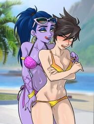 2d 2d_(artwork) 2d_artwork 2girls beach bikini blue_hair blush breasts brown_hair centinel303 cleavage drawn duo earrings female fit navel one_eye_closed open_mouth outdoors outside overwatch purple_skin smile sunglasses sunglasses_on_head sweat tongue tongue_out tracer undressing_another wide_hips widowmaker yellow_eyes yuri