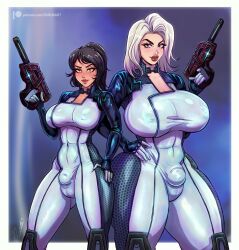 2futas ball_bulge balls balls_under_clothes big_breasts bodysuit breasts bulge ciera_shaw clothed clothing dickgirl duo firearm flaccid fully_clothed futa_only futa_with_futa futanari gun handgun huge_breasts human intersex large_breasts light-skinned_futanari light_skin mass_effect pale_skin penis penis_bulge penis_under_clothes pururart silvone_du_bois standing suppressor thick_thighs weapon wide_hips