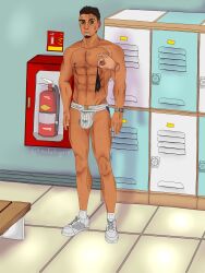 abs blush body_hair brown_hair bulge bulge_through_clothing gay green_eyes jockstrap looking_away male_focus male_only muscular muscular_male nipple_piercing outline pe_teacher pecs pov pov_hands shirtless shocked shocked_expression smile sweatpants thotshiguro tracksuit underwear white_shoes