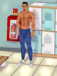 abs blush body_hair brown_hair bulge bulge_through_clothing gay green_eyes male_focus male_only muscular muscular_male nipple_piercing outline pe_teacher pecs shirtless smile sweatpants tracksuit white_shoes