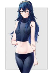 1girls ameno_(a_meno0) arms_behind_back bangs bare_arms bare_shoulders blue_eyes blue_hair blush breasts female female_only fire_emblem fire_emblem_awakening grey_background holding_own_arm jewelry lips long_hair looking_at_viewer lucina_(fire_emblem) midriff midriff_baring_shirt navel nintendo pants parted_lips shiny shiny_hair simple_background skin_tight sleeveless small_breasts smile solo stomach tiara turtleneck