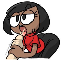 1boy 1girls black_hair cum cum_in_mouth cumming cumshot dark-skinned_female fat_ass looking_at_partner penis red_shirt rob_(vilepluff) simple_background vilepluff