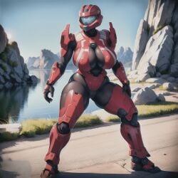 ai_generated armor audiostick breasts bungie busty cameltoe cleavage detailed_background grass halo_(game) halo_(series) halo_reach helmet large_breasts mountain power_armor red_armor spartan_(halo) stable_diffusion water wide_hips