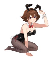 1girls 5_fingers alternate_costume animal_ears arm_support arms bangs big_breasts black_bunny_ears black_corset black_leotard blush blush_lines bow bowtie breasts brown_eyes brown_hair bunny_ears bunny_girl bunny_tail bunnysuit buttons cleavage clothed clothed_female collar corset cuffs cuffs_(clothing) detached_collar ear embarrassed eyebrows eyebrows_visible_through_hair eyes eyes_open feet female female_focus female_only fingers fishnet_legwear fishnet_stockings fishnets flavorppp full_body genderswap_(mtf) grey_stockings hair_between_eyes hairband hands hilbert_(pokemon) human human_focus human_only kneeling large_breasts legwear leotard looking_at_viewer neck no_background on_knees open_mouth pokemon pokemon_bw pokemon_trainer raised_eyebrows red_bow red_bowtie rule_63 short_hair shoulders simple_background sweatdrop tongue white_background white_collar white_cuffs wrist_cuffs