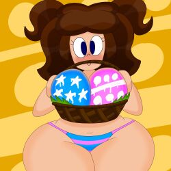 1girls 3barts basket blue_eyes blue_panties blush bodypaint breasts brown_hair child_bearing_hips easter easter_basket easter_breasts eyelashes female female_only hair huge_breasts jess_(3barts) large_breasts looking_at_viewer navel no_bra no_pants no_shirt original original_character paint painted_breasts panties presenting presenting_breasts purple_panties short_hair simple_background smile solo solo_female striped_panties stripes thick_thighs topless twintails uncensored wide_hips