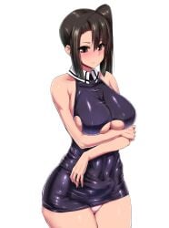 asymmetrical_bangs bangs bare_arms bare_shoulders black_dress blush bodycon breasts brown_eyes brown_hair collared_dress covered_navel cowboy_shot curvy dress embarrassed female hair_between_eyes hand_on_own_arm hand_on_own_elbow ishimiso_(ishimura) kantai_collection large_breasts latex latex_dress legs_together long_hair microdress nachi_(kantai_collection) narrow_waist panties panty_peek pantyshot pantyshot_(standing) pink_panties shiny shiny_clothes shiny_skin sideboob simple_background skin_tight skindentation sleeveless sleeveless_dress solo underboob underwear white_background wide_hips wing_collar