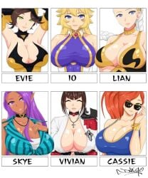 6girls artist_signature big_breasts breasts breasts_focus cassie_(paladins) cleavage day_walker_vivian elf english_text evie_(paladins) female female_focus female_only galactic_scion_lian hi-rez_studios human io_(paladins) lian_(paladins) light-skinned_female light_skin looking_at_viewer meme multiple_girls paladins six_fanarts_challenge skye_(paladins) smiling_at_viewer stellar_protector_io street_style street_style_skye sunkissed_cassie swimsuit tan-skinned_female tanned tanned_skin text vivian_(paladins)