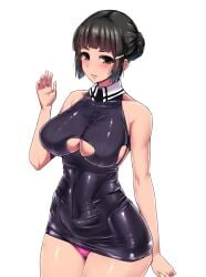 arm_at_side bangs bare_shoulders black_hair blush bodycon breasts brown_eyes clothing_cutout covered_navel cowboy_shot dress eyelashes female hair_bun hair_ornament hairclip hip_dips ishimiso_(ishimura) kantai_collection large_breasts looking_at_viewer microdress myoukou_(kantai_collection) palms panties pantyshot pantyshot_(standing) parted_lips pink_panties shiny shiny_clothes shiny_skin sideboob sidelocks simple_background skin_tight skindentation sleeveless smile solo underboob_cutout underwear white_background