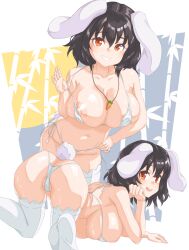 :d alternate_breast_size animal_ears ass bikini black_hair breasts carrot carrot_necklace cleavage female grin highres huge_breasts jewelry koso_some large_breasts looking_at_viewer looking_back micro_bikini multiple_views necklace nipples pendant rabbit_ears rabbit_tail red_eyes round_teeth short_hair side-tie_bikini smile swimsuit tail teeth tewi_inaba thighhighs tongue touhou upper_teeth white_legwear