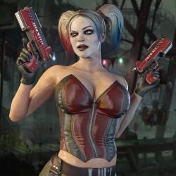 1girls 3d batman_(series) belt big_breasts cleavage dc dc_comics female female_only firearm gun handgun handwear harley_quinn harley_quinn_(injustice) human injustice_2 large_breasts nordfantasy pale_skin solo weapon