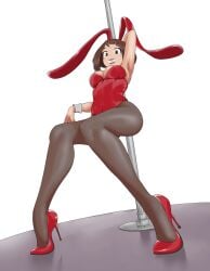 1girls breasts brown_eyes brown_hair bunny_ears bunny_girl bunnysuit eye_contact female high_heels leotard looking_at_viewer my_hero_academia ochako_uraraka pantyhose pole pole_dancing red_heels shakuraya short_hair smile