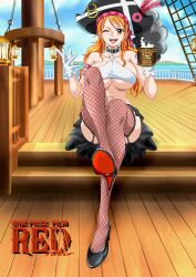 1girls alcohol belt big_breasts blue_sky breasts brown_eyes choker crop_top curvy curvy_figure dress dress_lift female female_only fishnet_stockings fishnets frills garter_belt gloves halterneck heels high_heels long_hair looking_at_viewer mug nami navel one_piece one_piece_film_red orange_hair pirate pirate_hat plume raida_(j5einmnjp3r49k6) ship short_skirt shoulder_tattoo skimpy skimpy_clothes skirt sky slim slim_waist smile solo sword tattoo thick_thighs tricorne tricorne_hat underboob wink wood wooden_floor