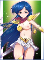 bikini_armor blue_eyes blue_hair blush mugen_senshi_valis one_breast_out panties red_scarf ripped_clothing ripped_skirt scarf skirt sword valis white_panties white_skirt yuko_ahso