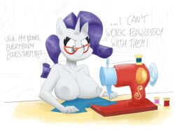 anthro anthrofied big_breasts blue_eyes breasts collarbone equid equine eyelashes eyewear female flutterthrash friendship_is_magic frustrated furniture glasses grey_nipples hair hasbro horn looking_down machine mammal my_little_pony nipples purple_hair rarity_(mlp) sewing_machine spool straight_hair table unicorn white_body