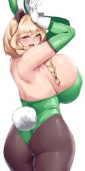 1girls arms_up ass big_ass blonde_hair blue_eyes blush breasts bunnysuit bursting_breasts cho!cho! elbow_gloves female female_only frigga_(last_origin) gloves huge_breasts last_origin light-skinned_female light_skin long_hair mole ponytail sideboob solo white_background