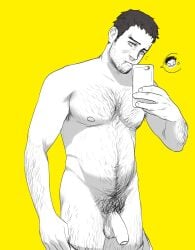 balls dojima_ryotaro facial_hair hairy male male_only monochrome muscles muscular nude penis persona_4 philifatcakes phone solo solo_male