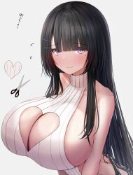 1girls black_hair blush cleavage cleavage_cutout eyebrows_visible_through_hair female female_only hairpin heart heart_cutout huge_breasts japanese_text large_breasts long_hair looking_at_viewer massive_breasts metae original original_character purple_eyes scissors smile text translated white_background