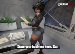 1girls 3d ass big_breasts blender dark-skinned_female dark_skin dialogue doctor_slone female female_only fortnite ghoulishxxx kor_(fortnite) looking_at_viewer office shorts solo tagme text watermark